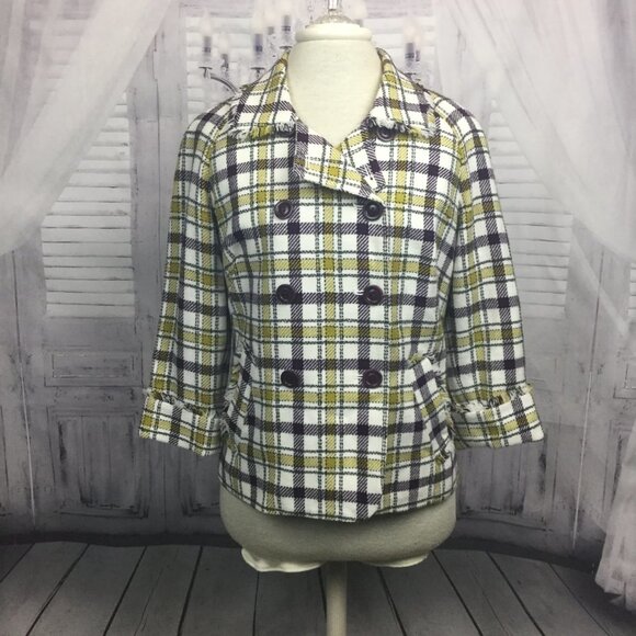 Pendleton Plaid Pea Coat Yellow Purple NWOT 8 - Picture 2 of 8